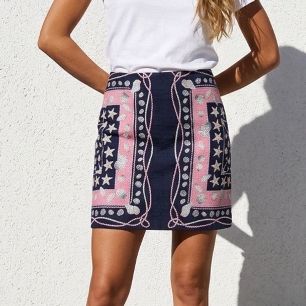 Talbots Petites Navy Pink Nautical Seashell Starfish Mini Skirt Coastal Beach 12